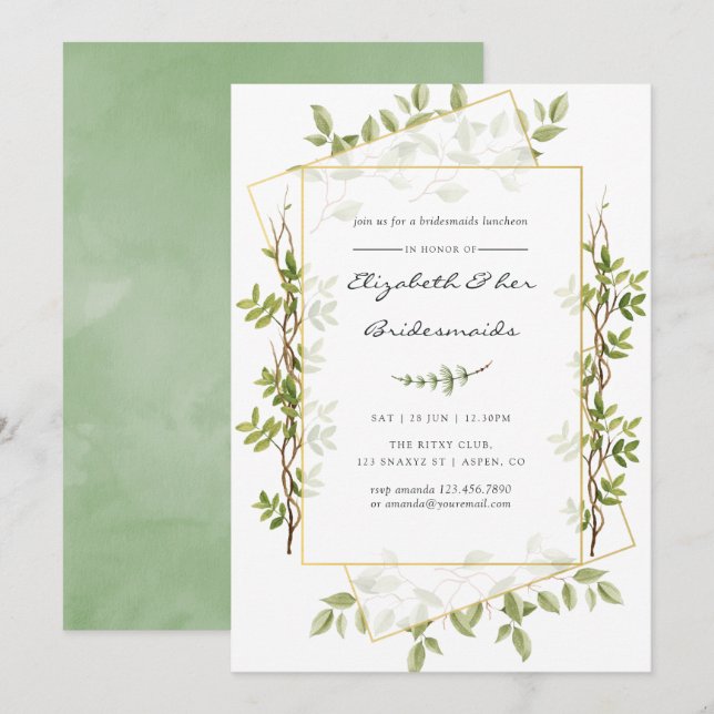 Invitation Aquarelle Verdure Géométrique Bridesmaids Déjeuner (Devant / Derrière)