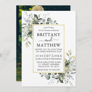 Invitation Aquarelle Verdure Gold Frame Mariage photo