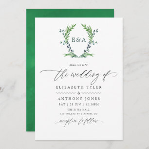 Invitation Aquarelle Verdure Laurel Crest Monogramme Mariage