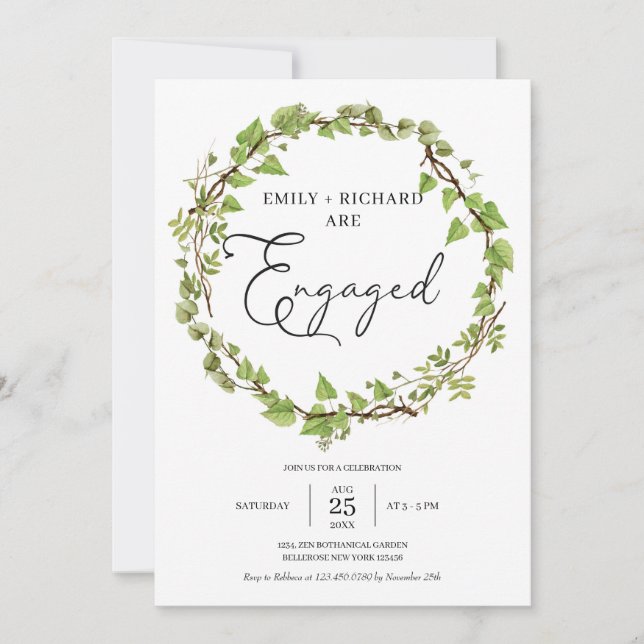 Invitation Aquarelle Verdure lierre wreath fiançailles modern (Devant)