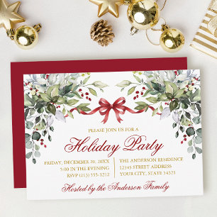 Invitation Aquarelle Verdure Nœud Rouge Fête de Noël Or