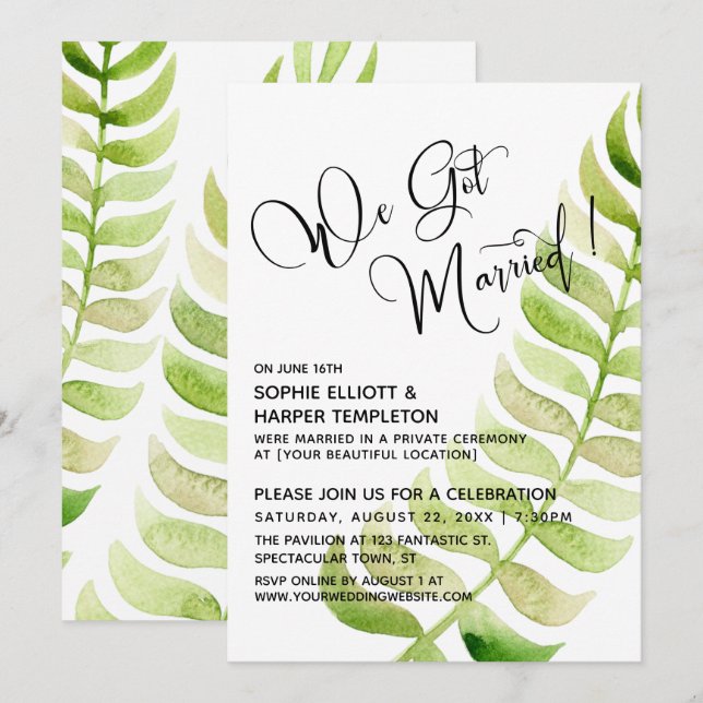 Invitation Aquarelle Verdure Nous sommes mariés ! Après-maria (Devant / Derrière)