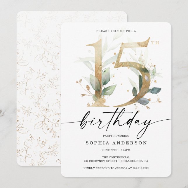 Invitation Aquarelle Verdure Or 15e anniversaire fête (Devant / Derrière)