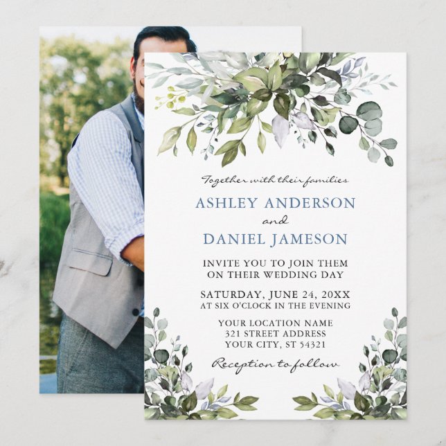 Invitation Aquarelle Verdure Photo Retour Dusty Blue Mariage (Devant / Derrière)