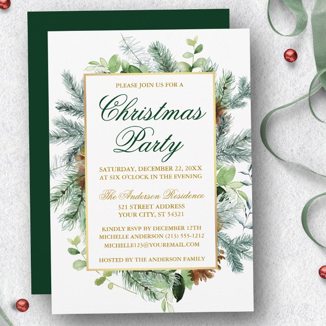 Invitation Aquarelle Verdure Pine fête de Noël Or (Customize to change text color, size, style or to change color of back of card.)