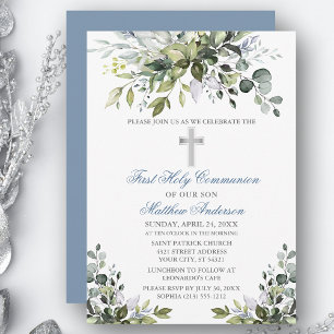 Invitation Aquarelle Verdure Première communion Dusty Blue