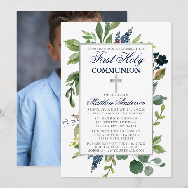 Invitation Aquarelle Verdure Première Sainte Communion Photo (Devant / Derrière)