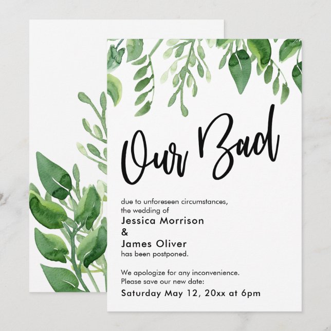 Invitation Aquarelle Verdure reportée Mariage Notre mauvaise  (Devant / Derrière)