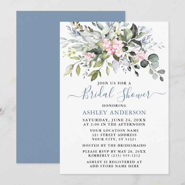 Invitation Aquarelle Verdure rose Dusty Fête des mariées bleu (Devant / Derrière)