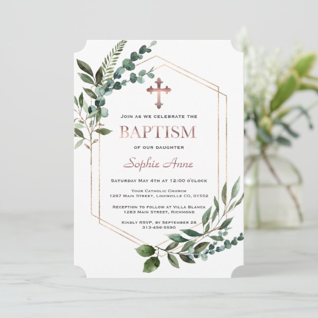 Invitation Aquarelle Verdure Rose Gold Girl Baptism (Debout devant)