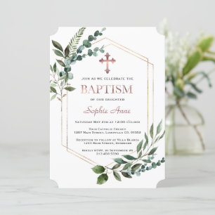 Invitation Aquarelle Verdure Rose Gold Girl Baptism