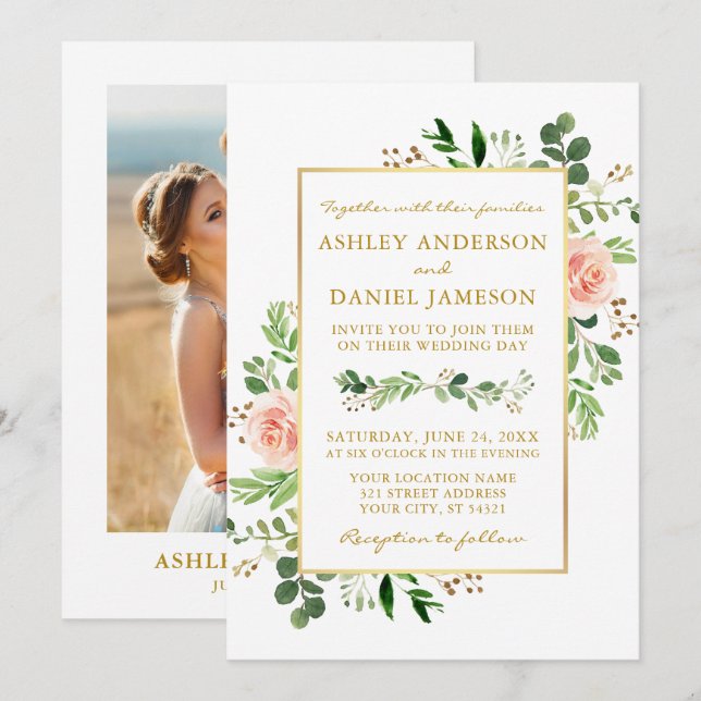 Invitation Aquarelle Verdure Roses roses rose Photo Mariage o (Devant / Derrière)