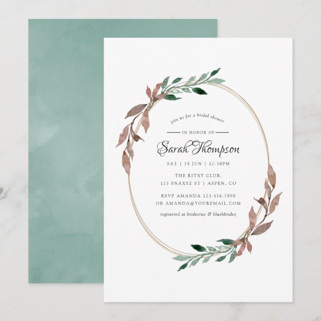 Invitation Aquarelle Verdure rustique Fête des mariées d'hive (Devant / Derrière)