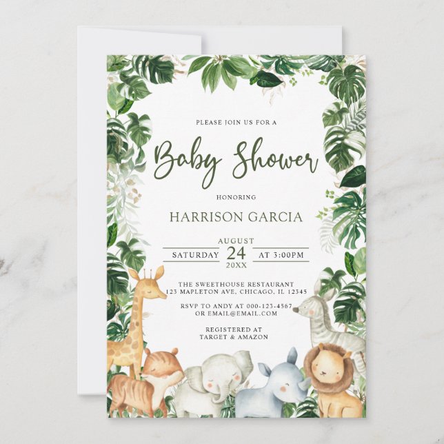 Invitation Aquarelle Verdure Safari Animaux Baby shower garço (Devant)