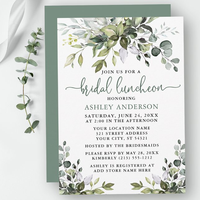Invitation Aquarelle Verdure Sage Green Bridal Luncheon (Customize to change your personalized text color, text style or color of back of card.)