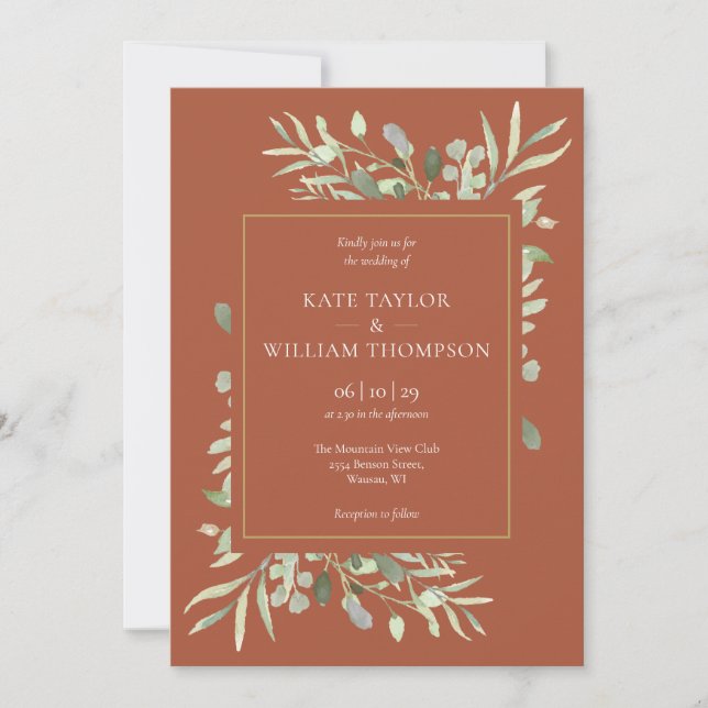 Invitation Aquarelle Verdure Terracotta Mariage or (Devant)