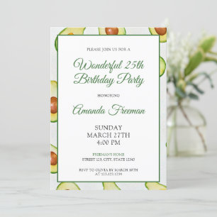 Invitation Aquarelle Vert Avocado Motif Anniversaire