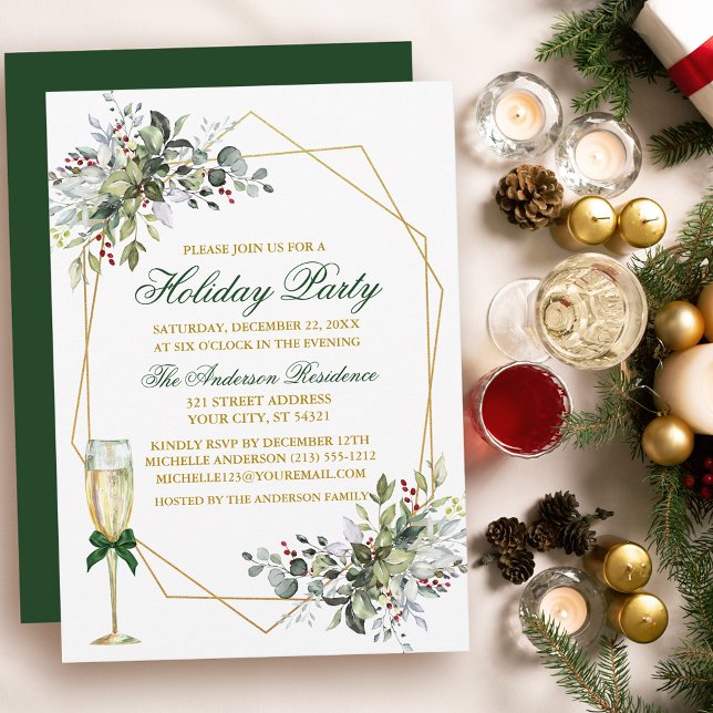 Invitation Aquarelle Vert Berries Vacances Or Vert (Customize to change text color, size, style or to change color of back of card.)