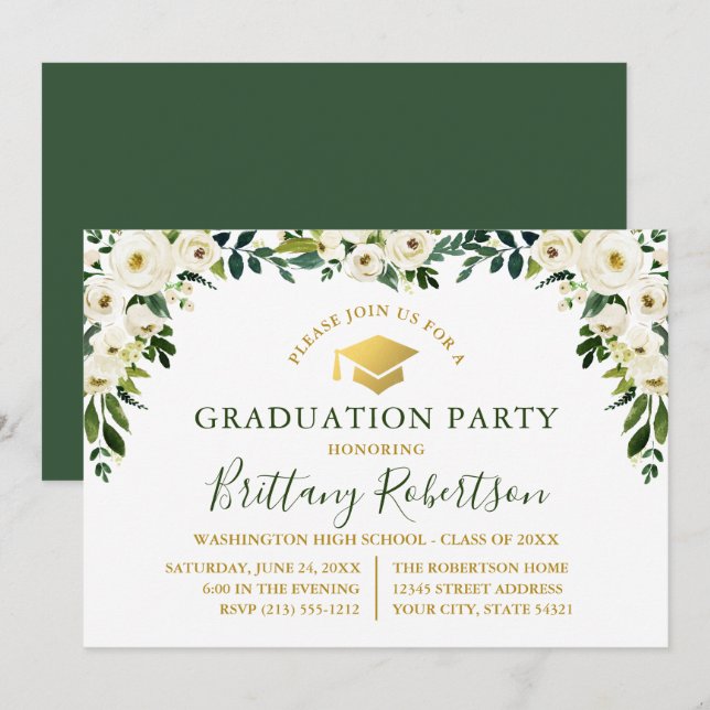 Invitation Aquarelle Vert Blanc Floral Gold Grad Party (Devant / Derrière)