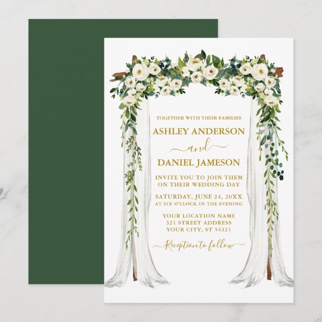 Invitation Aquarelle Vert Blanc Floral Mariage Canopée Or (Devant / Derrière)