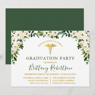 Invitation Aquarelle Vert Blanc Floral Médicale Grad Party
