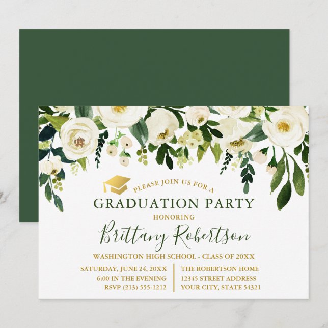 Invitation Aquarelle Vert Blanc Floral Parti de Graduation (Devant / Derrière)
