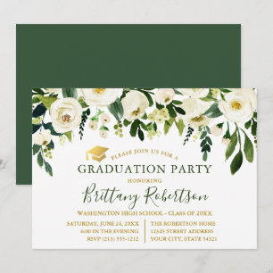 Invitation Aquarelle Vert Blanc Floral Parti de Graduation