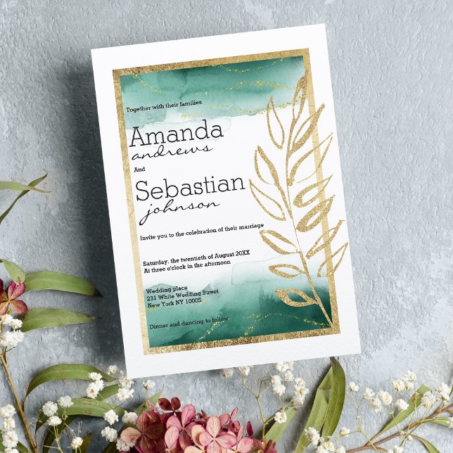 Invitation Aquarelle vert blanc or parties scintillant mariag (Watercolor green white gold glitter wedding)