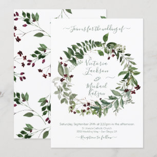 Invitation Aquarelle Vert Bourgogne Floral Mariage Wreath