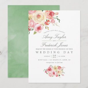 Invitation Aquarelle vert clair et gris Mariage floral
