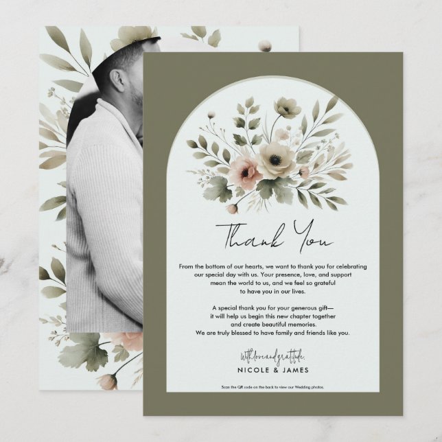 Invitation Aquarelle vert d'olive kaki Merci floral (Devant / Derrière)