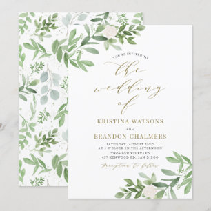 Invitation Aquarelle vert et fleurs blanches Mariage