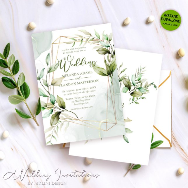 Invitation Aquarelle Vert Eucalyptus Mariage de feuillage (Créateur téléchargé)