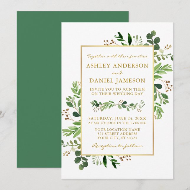 Invitation Aquarelle Vert Eucalyptus Mariage Or (Devant / Derrière)