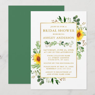 Invitation Aquarelle Vert Fête des mariées de tournesols Or