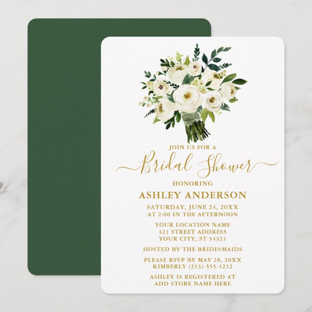 Invitation Aquarelle Vert Fête des mariées Florale Or (Devant / Derrière)