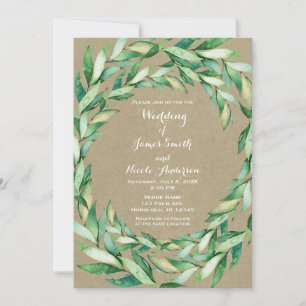 Invitation Aquarelle Vert Feuille Rustique Mariage Kraft