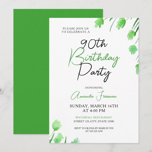 Invitation Aquarelle Vert Floral Feminine 90e anniversaire (Devant / Derrière)