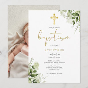 Invitation Aquarelle Vert Floral Or Baptême Photo