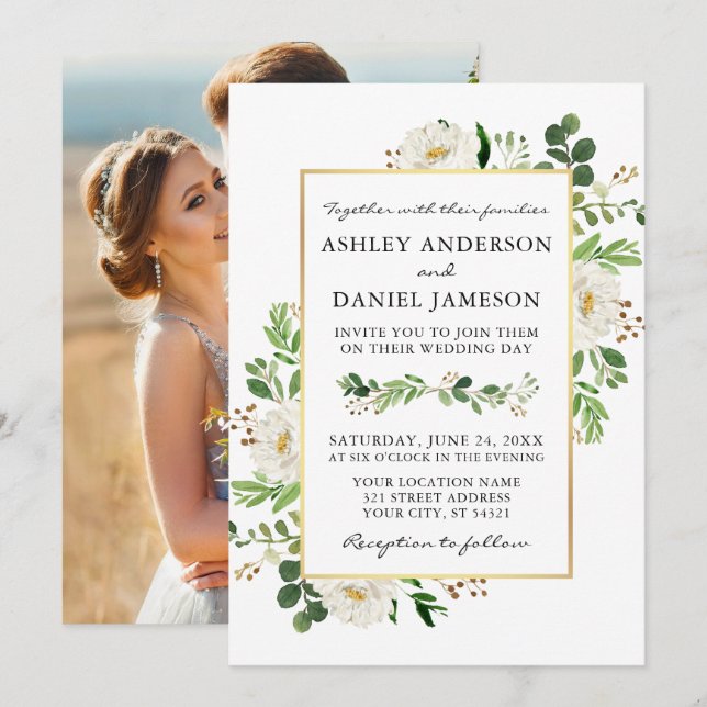 Invitation Aquarelle vert Floral Photo Retour Mariage (Devant / Derrière)
