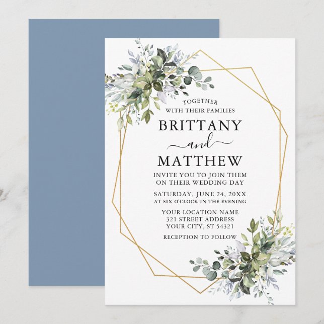 Invitation Aquarelle Vert Geo Cadre Mariage Dusty Blue (Devant / Derrière)