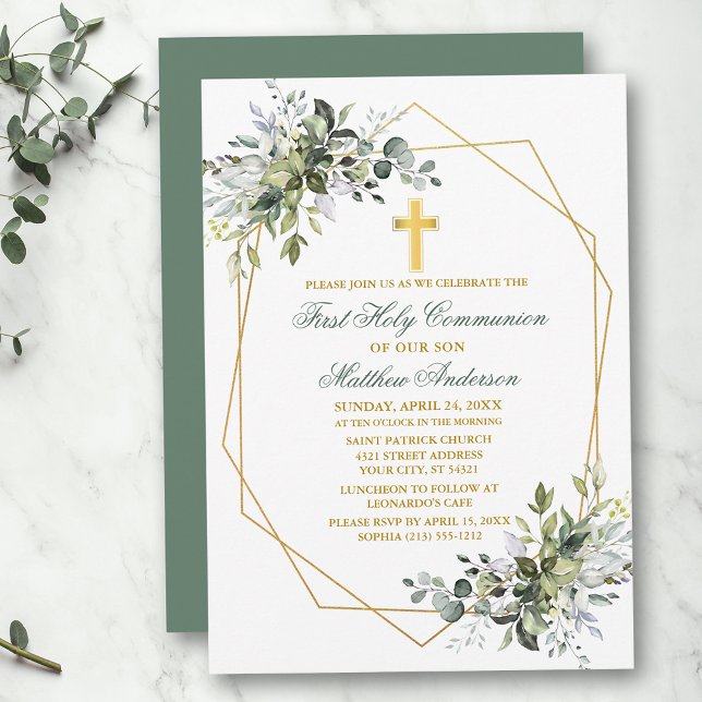 Invitation Aquarelle Vert Geo Cadre Sage Vert Communion (Customize to change text color, size, style or to change color of back of card.)