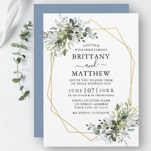 Invitation Aquarelle Vert Geo Frame Dusty Blue Mariage