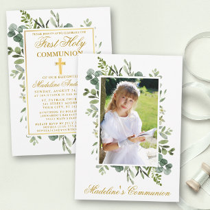 Invitation Aquarelle Vert Or Première Communion Photo