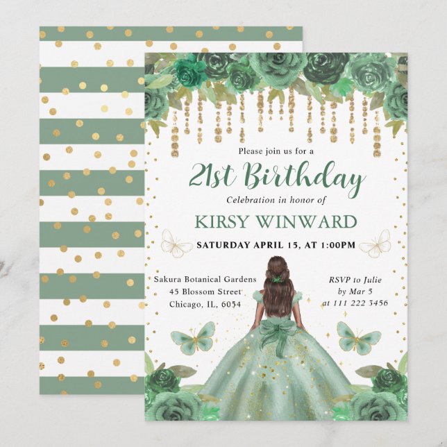 Invitation Aquarelle Vert & Or Princesse Anniversaire (Devant / Derrière)