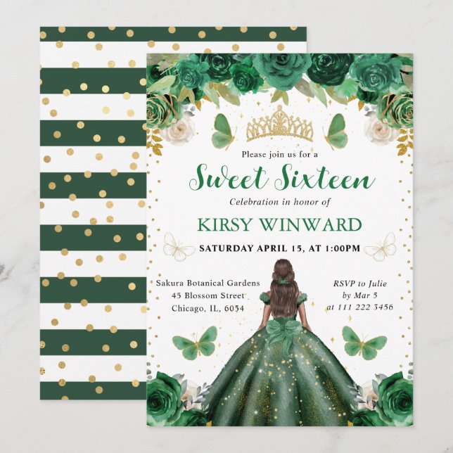 Invitation Aquarelle Vert & Or Princesse Sweet 16 (Devant / Derrière)