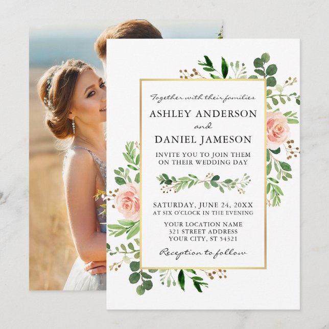 Invitation Aquarelle vert rose roses Photo Retour Mariage (Devant / Derrière)