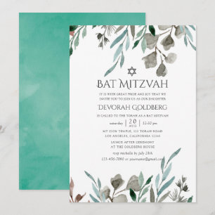 Invitation Aquarelle vert rustique Bat mitzvah d'hiver