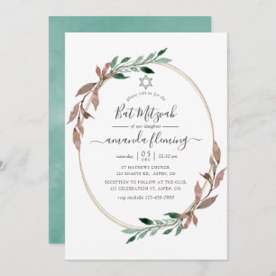 Invitation Aquarelle vert rustique Bat mitzvah d'hiver
