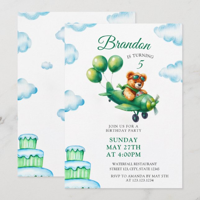 Invitation Aquarelle vert Teddy Bear Avion 5e anniversaire (Devant / Derrière)